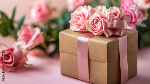 Pastel pink roses elegant gift box on soft background