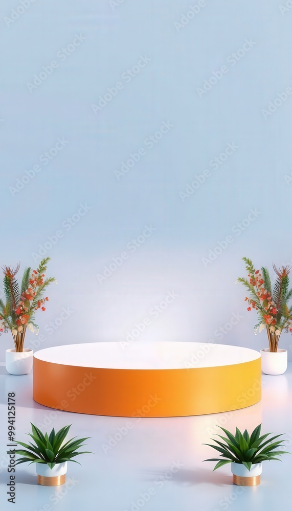 Orange podium with plants for product display.