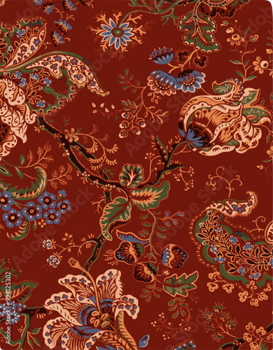 Intricate floral and paisley pattern on a rich red fabric, evoking vintage elegance and timeless beauty.