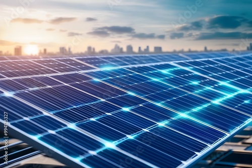 Conceptual of an innovative new sustainable energy source for the future world featuring glowing futuristic solar panels advanced clean energy technology sleek metallic and glass structures