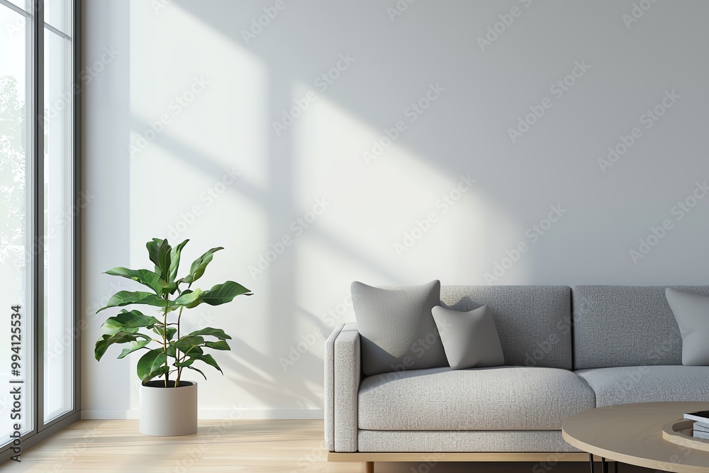 Bright and airy interior featuring a modern sofa, natural light, and a green plant, perfect for contemporary home decor. Bright and airy interior featuring a modern sofa, natural light, and a green plant, perfect for contemporary home decor.