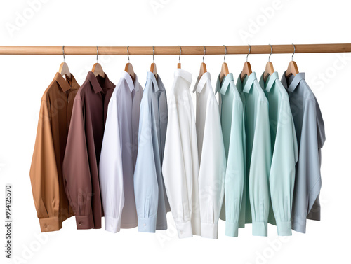 Male shirts hanging on coat rack isolated on transparent background