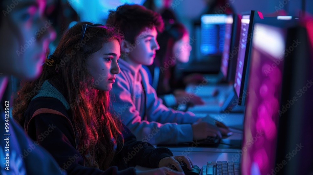 Fototapeta premium High school students collaborating on a group assignment in a computer lab