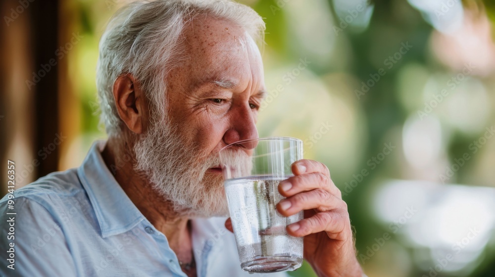 health-conscious senior man upholds his good lifestyle by savoring a glass of water. With each sip, he nourishes his body, exemplifying the significance of hydration and well-being in his golden years health-conscious senior man upholds his good lifestyle by savoring a glass of water. With each sip, he nourishes his body, exemplifying the significance of hydration and well-being in his golden years