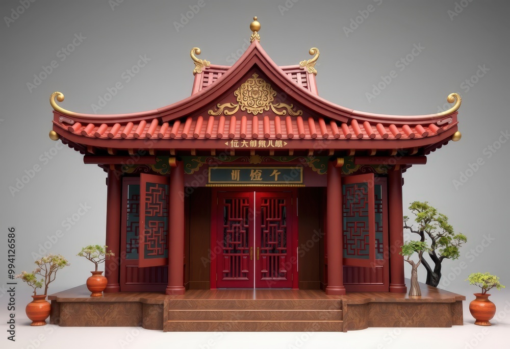 Red Chinese building with ornate roof and doors. Red Chinese building with ornate roof and doors.
