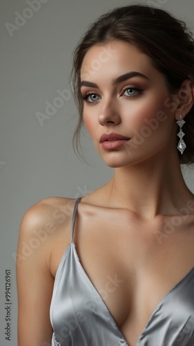 Elegant woman in silver dress with diamond earrings