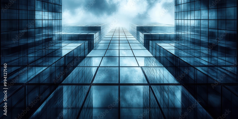 A geometric perspective of a modern skyscraper, with reflective glass panels reflecting the sky and creating a sense of depth and grandeur