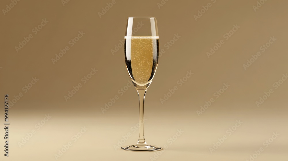 A champagne flute filled with sparkling beverage on a neutral background.