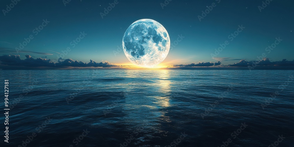 A Giant Moon Rises Over a Calm Sea, Casting an Eerie Glow on the Water's Surface