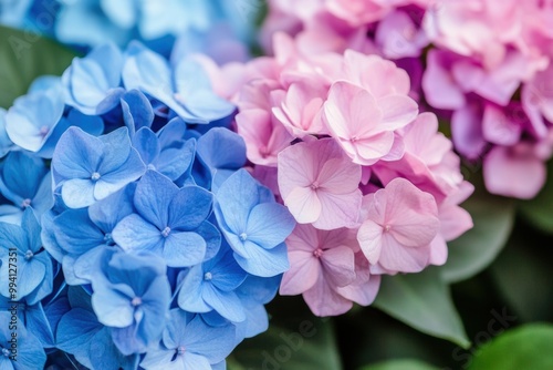 Vibrant blue pink hydrangea blooms close-up