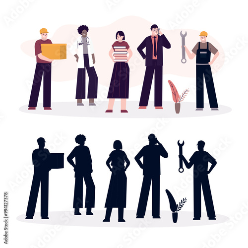 Set of smiling multiethnic characters different professions and silhouette. Various specialists on white background. Gender equality. Doctor, manager, repairman, delivery man