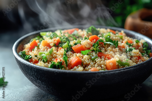 A steaming bowl of healthy quinoa salad with vibrant vegetables, perfect for nutritious meals and food photography. photo