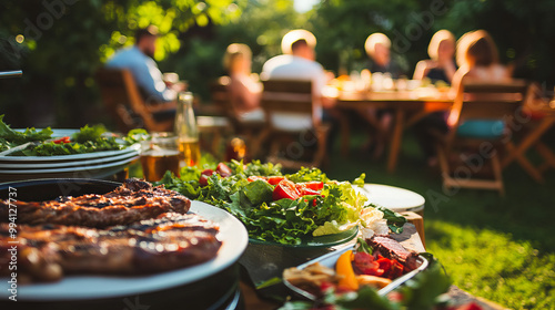 appetizing grilled meat and fresh salads on outdoor dinner table happy people enjoying backyard bbq party  