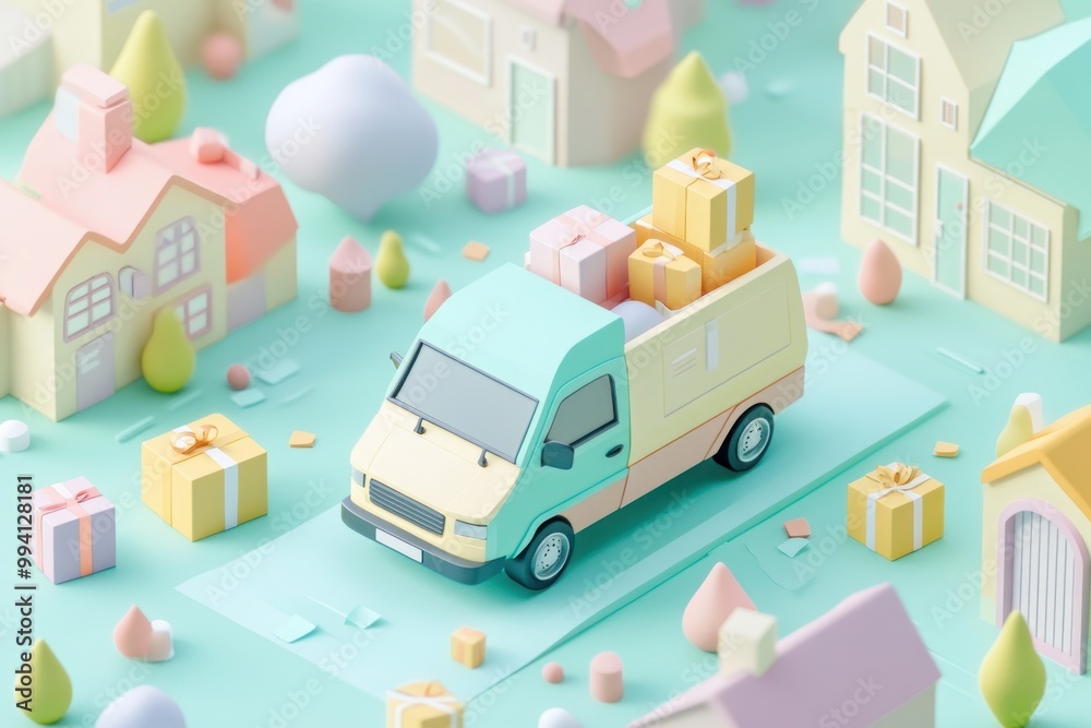 A pastel-colored delivery van surrounded by gifts in a whimsical neighborhood setting. A pastel-colored delivery van surrounded by gifts in a whimsical neighborhood setting.