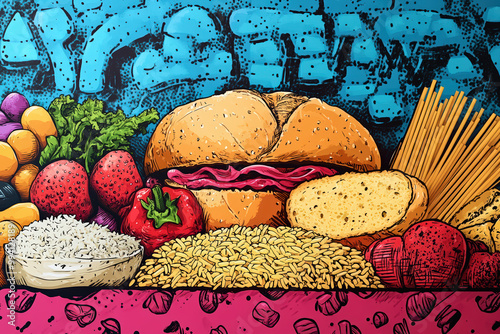 Colorful illustration of various foods, including a burger, vegetables, rice, and pasta, set against a vibrant graffiti background.