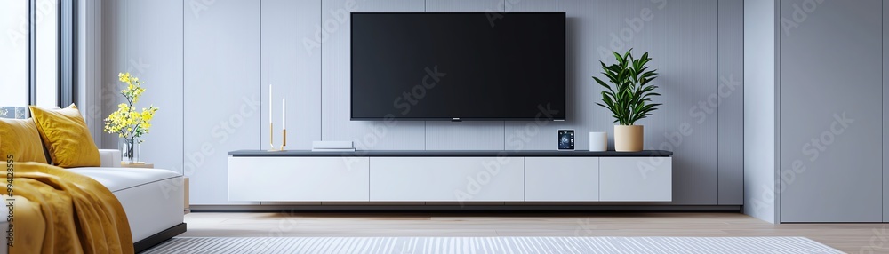 Modern living room design featuring a sleek television, stylish furniture, and vibrant indoor plants for a cozy atmosphere. Modern living room design featuring a sleek television, stylish furniture, and vibrant indoor plants for a cozy atmosphere.