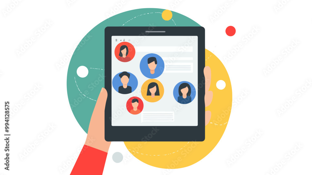 Digital Social Circle Networking Concept - Flat Design Illustration of a Hand Holding Tablet with Connected People Icons Digital Social Circle Networking Concept - Flat Design Illustration of a Hand Holding Tablet with Connected People Icons