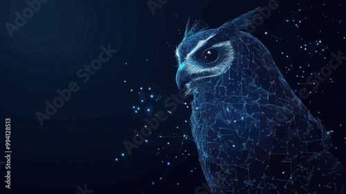 Low Poly Wireframe Owl on Dark Starry Background - Vector Polygonal Wild Bird of Prey - Minimalist Space Themed SVG Art