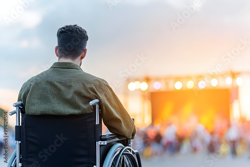 Disabled individuals participating in a vibrant wheelchair friendly cultural festival with dynamic crowd interactions lively music and performances and a joyful cinma vrit inspired atmosphere photo