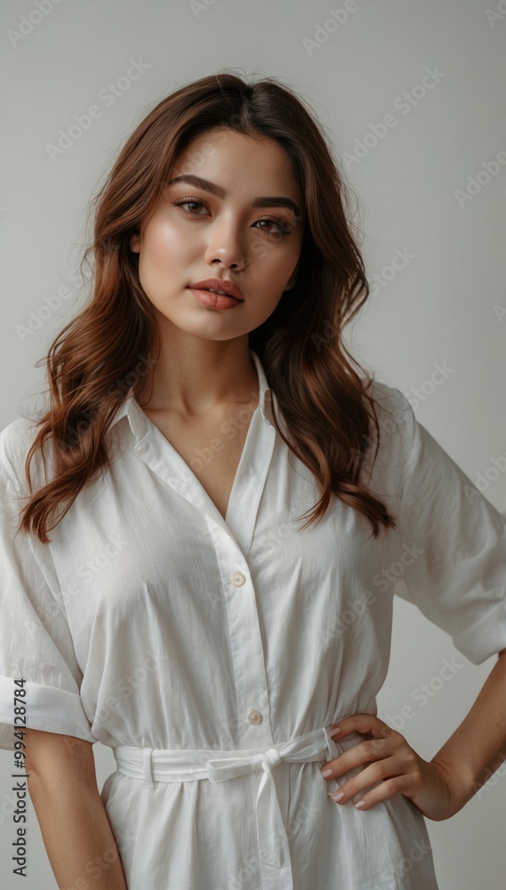 Woman in white button-up dress posing confidently Woman in white button-up dress posing confidently