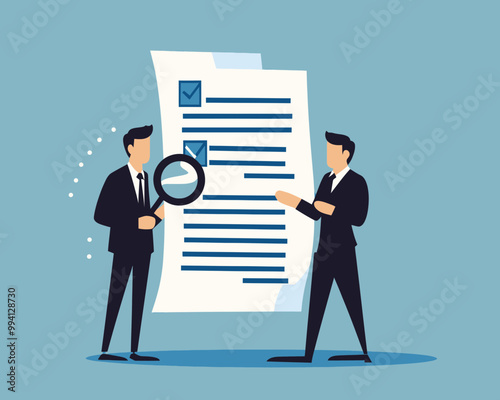 Business Audit and Document Inspection Vector - Businessmen Reviewing Report with Magnifying Glass for Quality Assurance, Legal Audit, Research, and Proof Checking - Minimalist Flat SVG Design