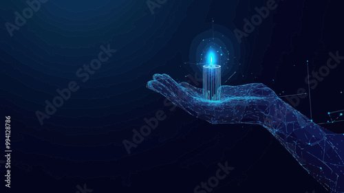 Low Poly Wireframe Abstract Hand Holding Candlestick Chart for Stock Market Investment Concept in Technological Blue Background Vector Illustration