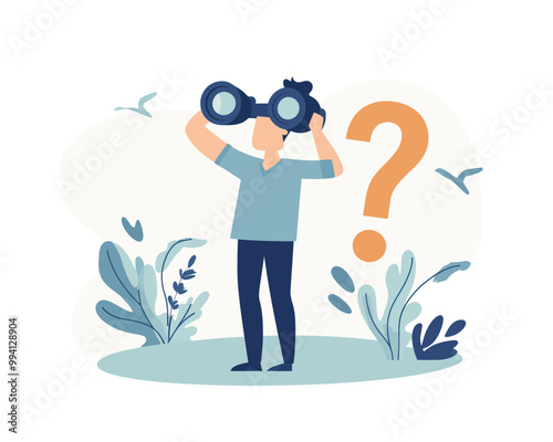 Curious Businessman Searching for New Business Opportunities with Binoculars and Question Mark in Flat Minimalist Vector