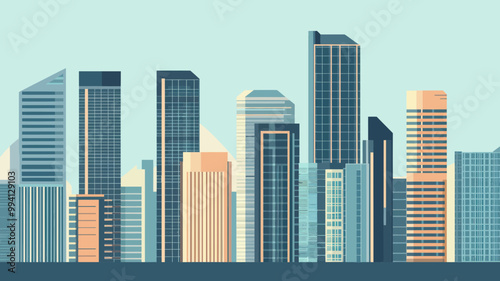 Modern Urban Cityscape Vector Illustration of Skyscrapers and Tall Buildings in Flat Design for Business and Architectural Concepts