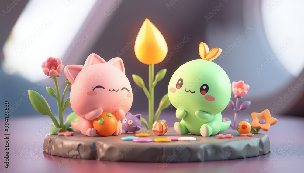 Two cartoon characters, a pink cat and a green dinosaur, smiling and playing together. Two cartoon characters, a pink cat and a green dinosaur, smiling and playing together.