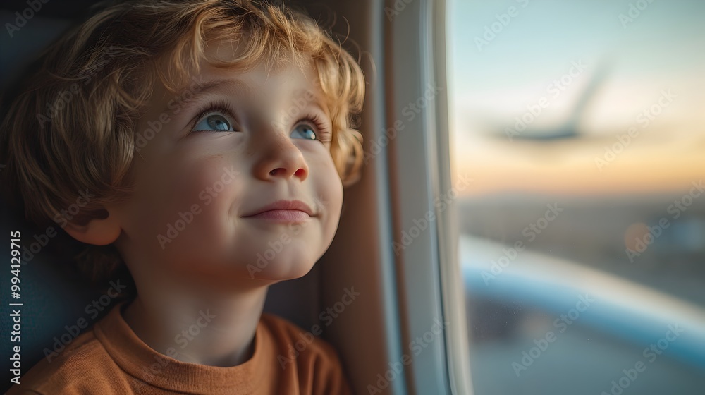 Curious Child Gazing Out Airplane Window at Boundless Sky Curious Child Gazing Out Airplane Window at Boundless Sky