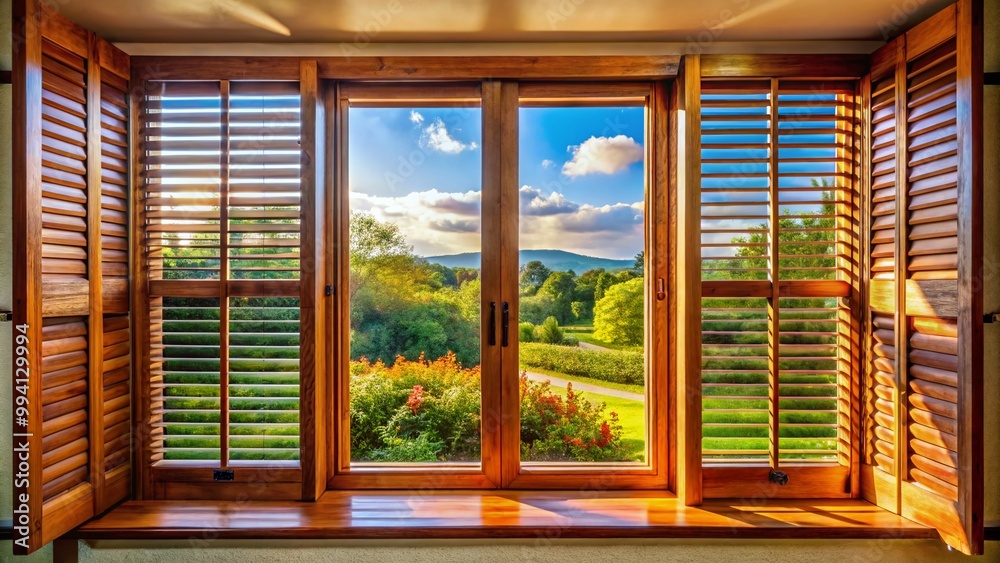 Fototapeta premium Elegant Indoor Wooden Window Shutters Enhancing Home Decor with Natural Light and Privacy Control