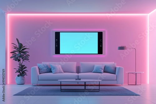 Modern living room with pink neon lights, stylish sofa, and a blank screen for creativity and relaxation.