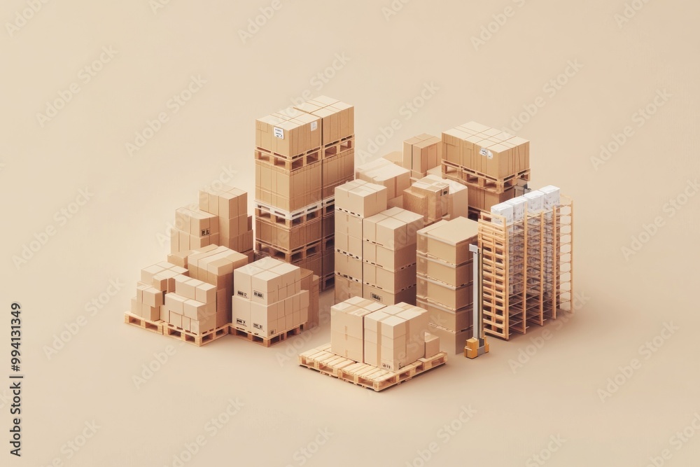 A collection of cardboard boxes and pallets arranged in a warehouse setting. A collection of cardboard boxes and pallets arranged in a warehouse setting.