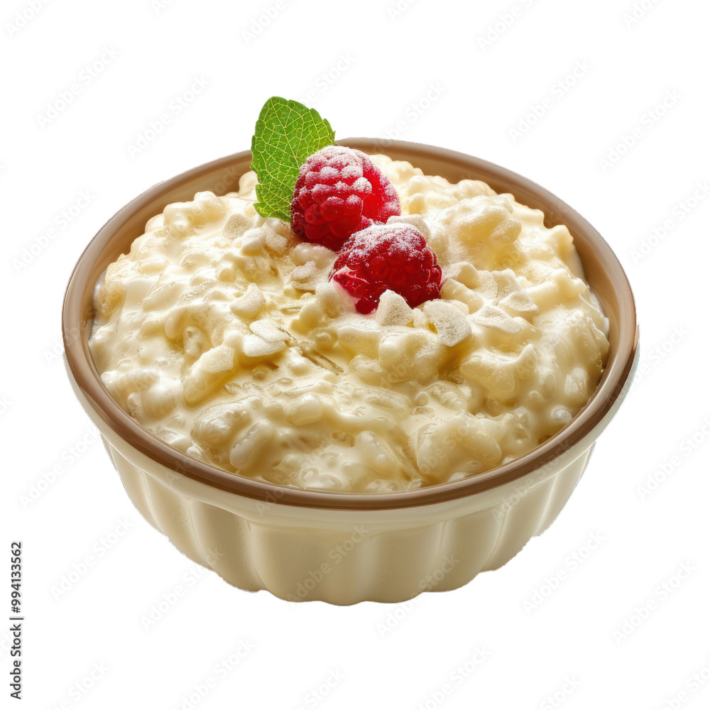 Bowl containing creamy rice pudding decorated with raspberries, coconut flakes, and mint Bowl containing creamy rice pudding decorated with raspberries, coconut flakes, and mint
