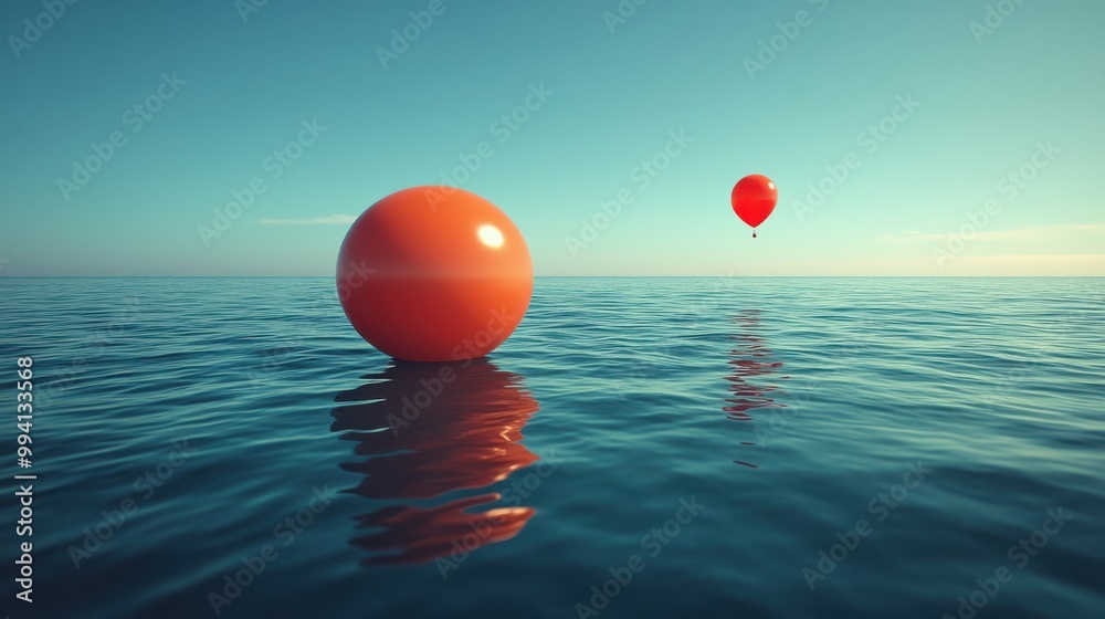 A large red sphere floats on the water's surface, mirroring the smaller red balloon that ascends in the sky A large red sphere floats on the water's surface, mirroring the smaller red balloon that ascends in the sky