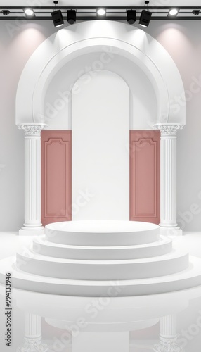 White podium with columns and archway for product display.