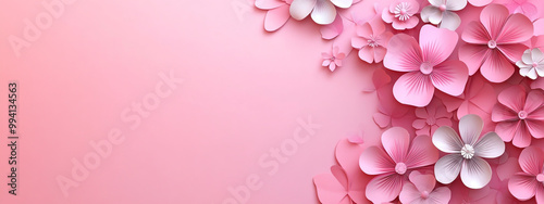 Pink background with paper-cut flowers on the right side, pink color theme, copy space concept