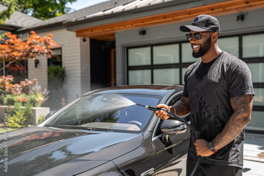 Smiling African American man in a black T-shirt and cap washing his car in front of his house. Using a garden hose, water spraying over the car's surface. Bright, sunny day, cheerful mood. Smiling African American man in a black T-shirt and cap washing his car in front of his house. Using a garden hose, water spraying over the car's surface. Bright, sunny day, cheerful mood.