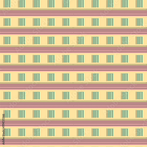 Seamless pattern background. green and pink straight lines on a yellow background. Modified stripes consisting of crossed horizontal and vertical lines forming squares.