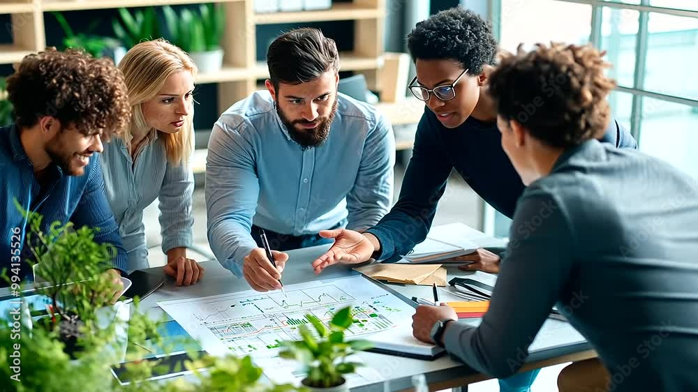A team of diverse colleagues working together on a project, sharing ideas and reviewing progress on a digital interface. The central figure is explaining the concept while
