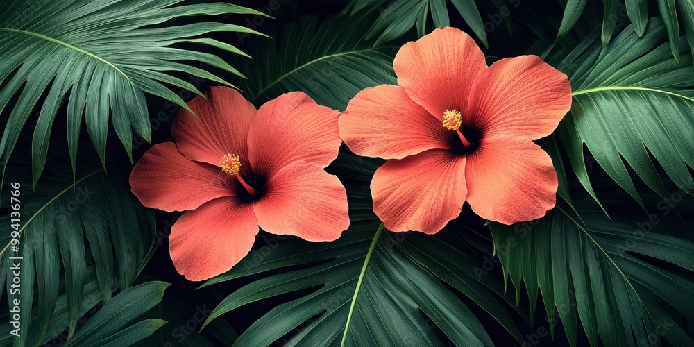 A lush tropical backdrop of vibrant green leaves, with two delicate coral hibiscus flowers in full bloom, offering a glimpse into a verdant paradise A lush tropical backdrop of vibrant green leaves, with two delicate coral hibiscus flowers in full bloom, offering a glimpse into a verdant paradise