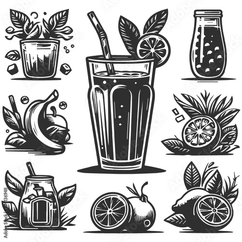 Engraved illustration set of coconuts, palm leaves and cocktail.