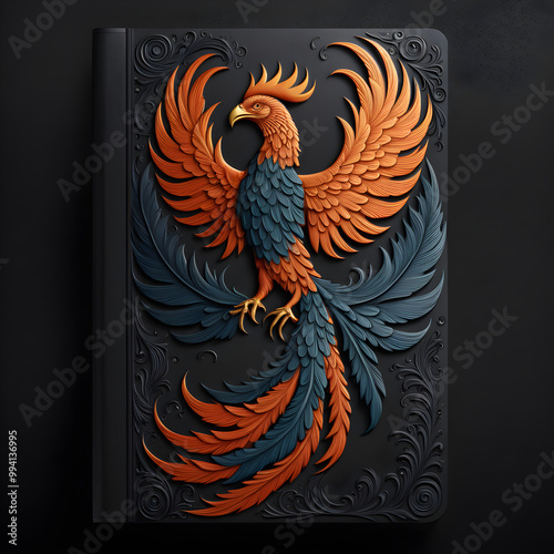  Dive into the world of fantasy with a colored phoenix on a legendary obsidian book cover. This sleek design mockup showcases a masterpiece of concept art, crafted with the highest quality.