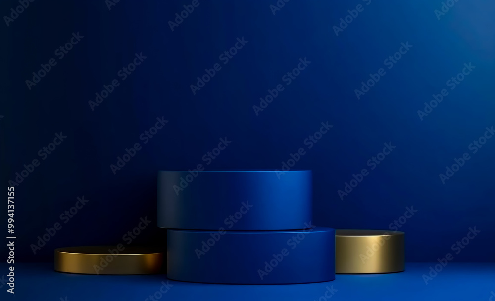 Blue background with gold geometric shapes and a product presentation podium. Blue background with gold geometric shapes and a product presentation podium.
