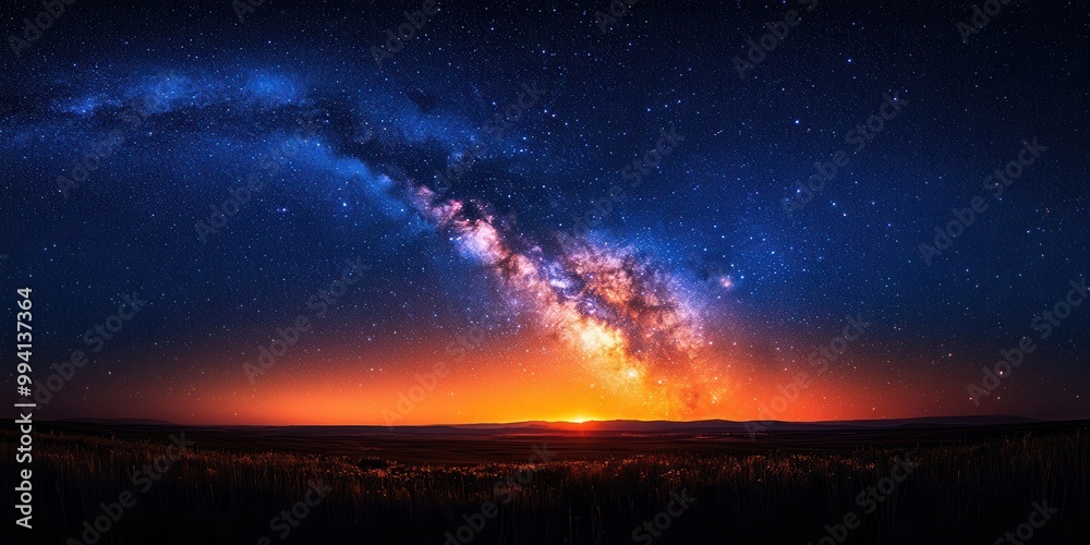 Fototapeta premium A majestic display of the Milky Way galaxy as it arcs across a night sky, casting a warm glow on the horizon