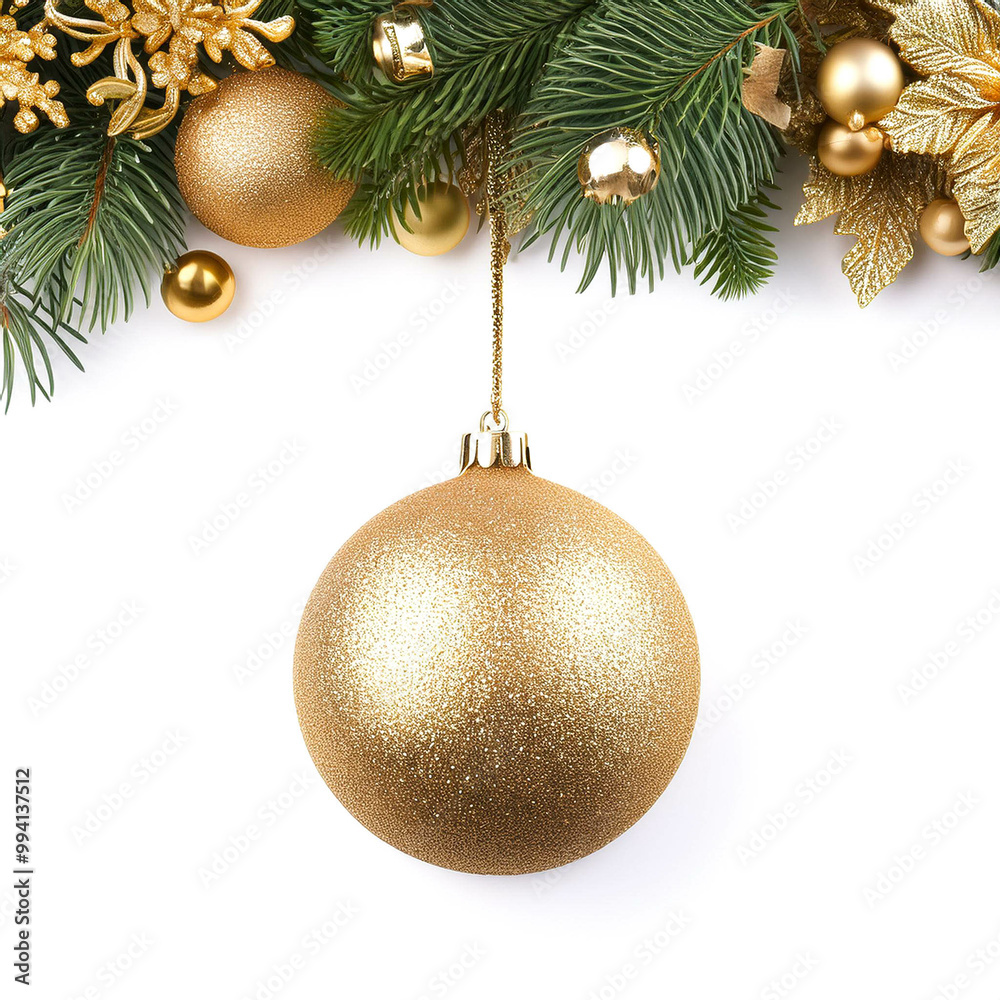 goldene Weihnachtsbordüre, mit einer Weihnachtskugel als Anhänger isoliert auf weißen Hintergrund goldene Weihnachtsbordüre, mit einer Weihnachtskugel als Anhänger isoliert auf weißen Hintergrund