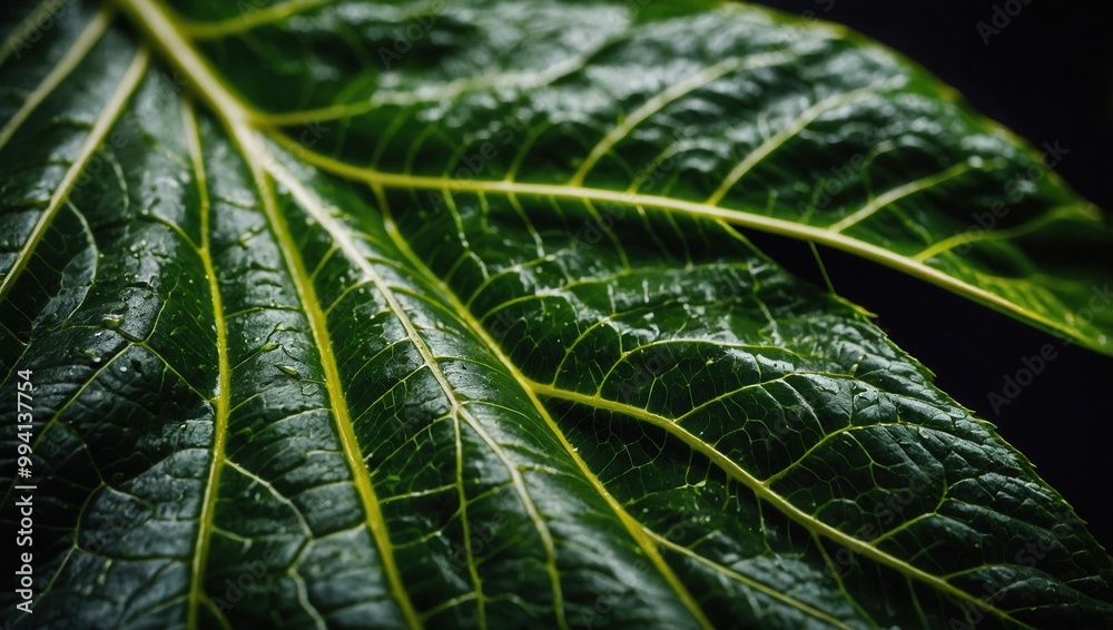 Close-up of large green leaf with intricate veins and glossy surface Close-up of large green leaf with intricate veins and glossy surface