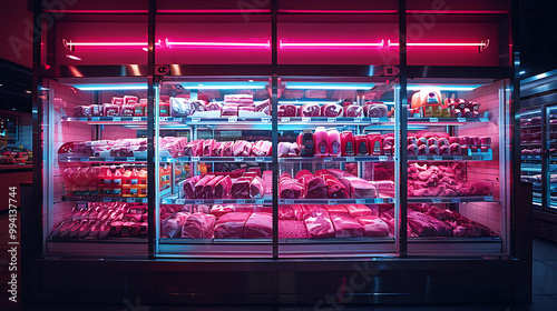 Meat aisle with various cuts displayed in a refrigerated grocery section. close-up of a meat fridge in a grocery store filled with various cuts of fresh meat various cuts of beef, pork and other meats