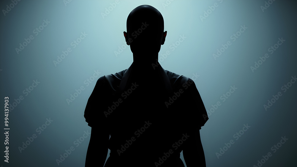 Dark silhouette frontal on light background: a woman with apron and bald, whole body, horror. Generative AI Dark silhouette frontal on light background: a woman with apron and bald, whole body, horror. Generative AI