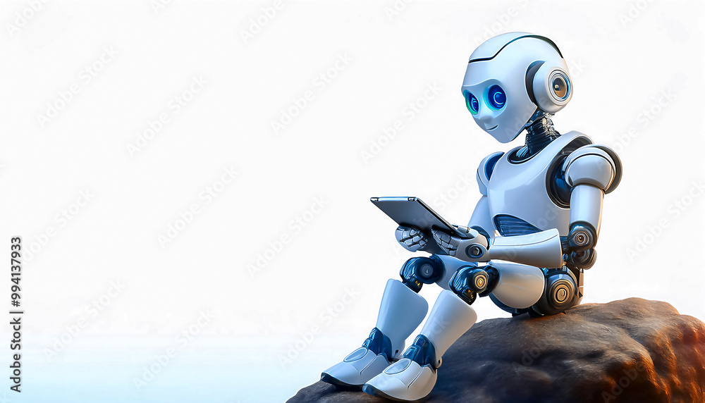 A friendly cartoon humanoid robot with artificial intelligence, sitting on a rock, uses a tablet to solve problems on a white background A friendly cartoon humanoid robot with artificial intelligence, sitting on a rock, uses a tablet to solve problems on a white background